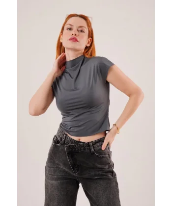 Boğazlı Parlak Kumaş Antrasit Crop