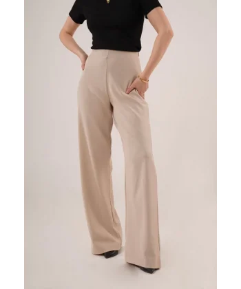 Bol Paça Yandan Fermuarlı Krem Kumaş Pantolon