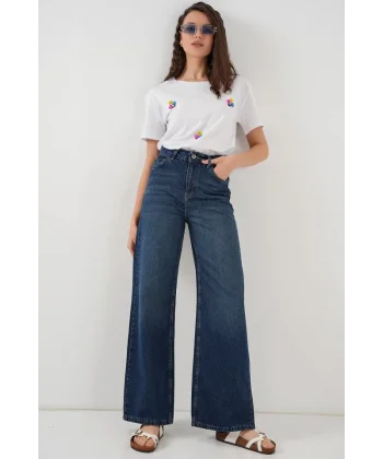 Bol Paça Yüksek Bel Palazzo Kot Pantolon 6656  B.Lacivert