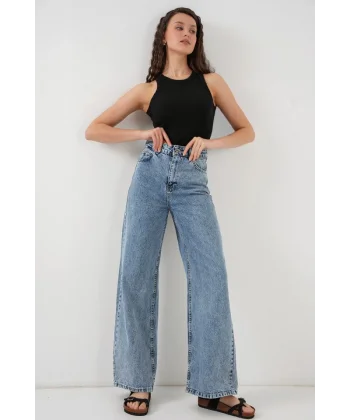Bol Paça Yüksek Bel Palazzo Kot Pantolon 6656  Mavi