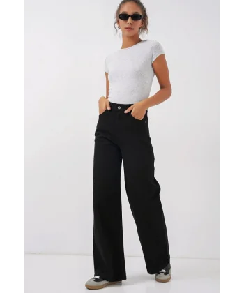 Bol Paça Yüksek Bel Palazzo Kot Pantolon 6656  Siyah