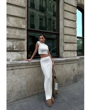 Bolerolu Boğazlı Uzun Elbise 2 Li Triko Takım - Beyaz