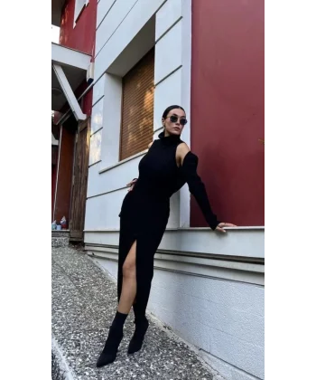 Bolerolu Boğazlı Uzun Elbise 2 Li Triko Takım - Siyah