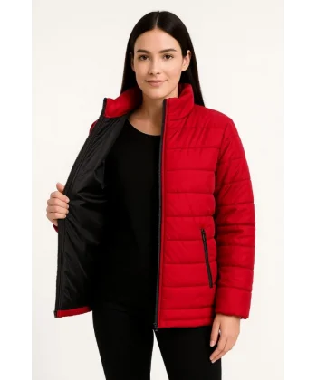 Bomber Mont Ceket – Su İtici Kumaş, Kapitone Astarlı, Fermuarlı, Kışlık - Kırmızı