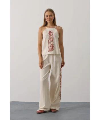 Boncuk İşlemeli Askılı Pantolon Takım - Natür