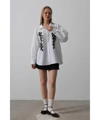 Boncuk Nakış Detaylı Uzun Gömlek - Beyaz