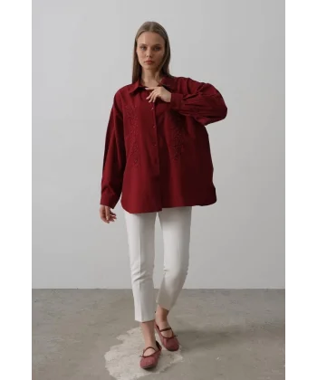 Boncuk Nakış Detaylı Uzun Gömlek - Bordo