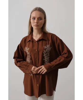 Boncuk Nakış Detaylı Uzun Gömlek - Kahve