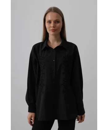 Boncuk Nakış Detaylı Uzun Gömlek - Siyah