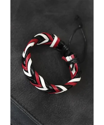 Bordo Beyaz Siyah Örgü Deri Erkek Bileklik