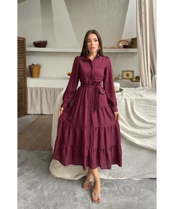 Bordo Çizgi Desenli Uzun Elbise