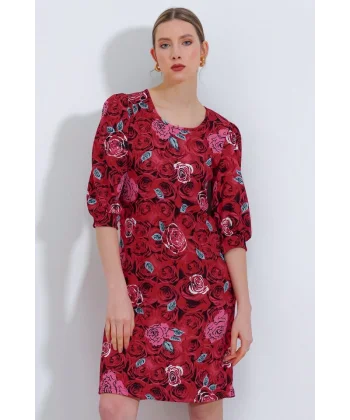 Bordo Gül Desenli Midi Elbise 2477