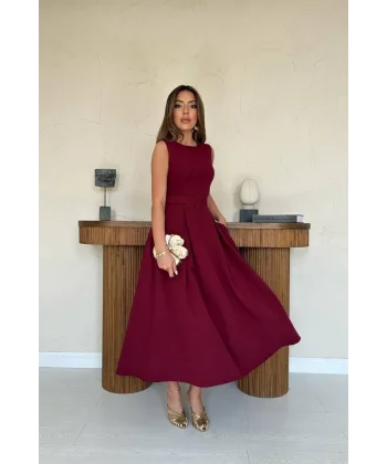 Bordo Halter Yaka Kloş Elbise