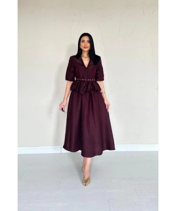 Bordo İnce Kemerli Fırfırlı Ceket Ve Büzgülü Etek Takım