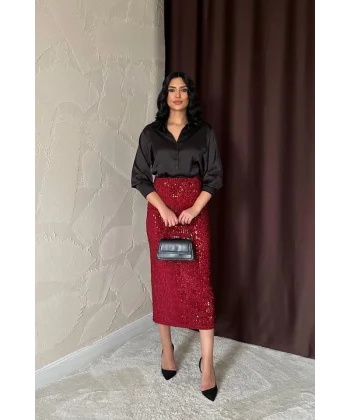 Bordo Pulpayetli Parlak Etek