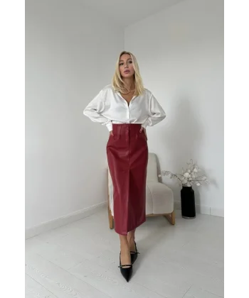 Bordo Yırtmaçlı Süs Patlı Etek