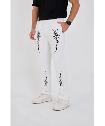 Boru Paça Üç İplik Baskılı Eşofman Pantolon - Beyaz