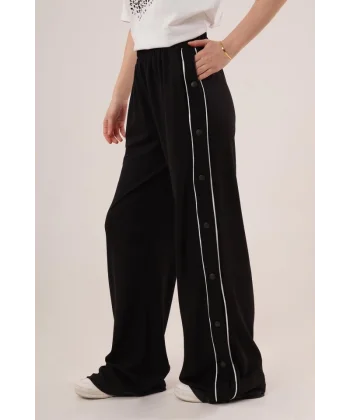 Boydan Çıtçıtlı Bel Lastikli Geniş Paça Siyah Eşofman