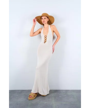 Boyundan Geçmeli Halka Tokalı Elbise  Krem