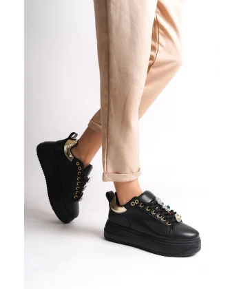 BRIANNA Bağcıklı Ortopedik Taban Renkli Taş Dekorlu Kadın Sneaker Spor Ayakkabı CST - Siyah/Altın