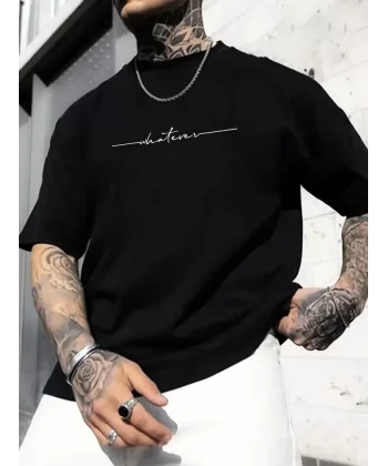 Büyük Beden Erkek Whatever Baskılı Tişört, Oversize Erkekler İçin Yaz Modası Kısa Kollu Tişörtler - Siyah