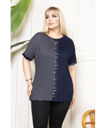Büyük Beden Taş Detaylı Çizgili Viskon Tişört Bisiklet Yaka Rahat Kesim - Lacivert