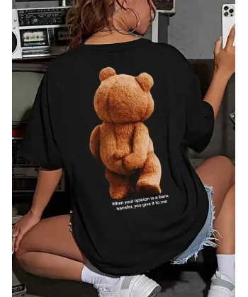 Büyük Boy Ayıcık Baskılı Bisiklet Yaka T-Shirt, İlkbahar & Yaz İçin Rahat Kısa Kollu T-Shirt, Kadın Giyim - Siyah