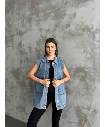 Büyük Cep Detaylı Kot Yelek