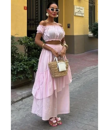 Büzgülü Crop Kat Detaylı Fırfır Etekli Takım 10196