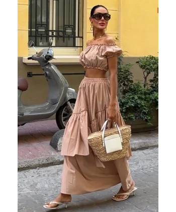 Büzgülü Crop Kat Detaylı Fırfır Etekli Takım 10196