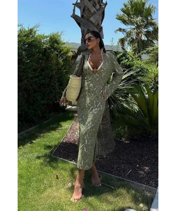 Caitlin Desenli Yırtmaç Detay Elbise 2410-08