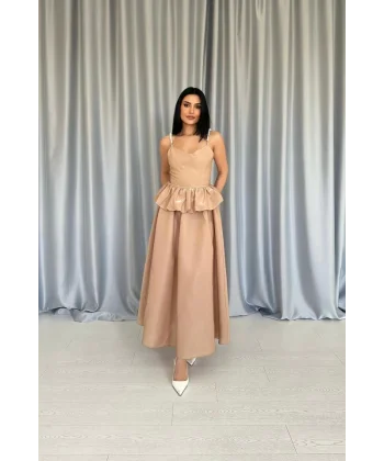 Camel Beli Büzgülü İnci Askılı Uzun Elbise