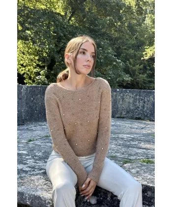 Camel Boncuklu Triko Kazak