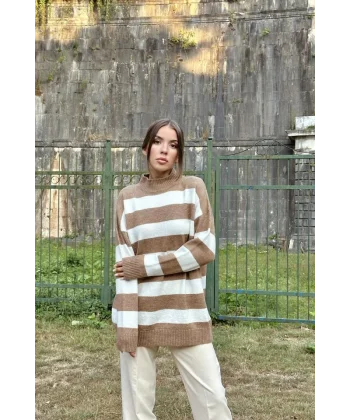 Camel Çizgili Triko Kazak