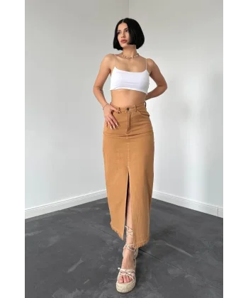 Camel Gabardin Boyamalı Püsküllü Etek