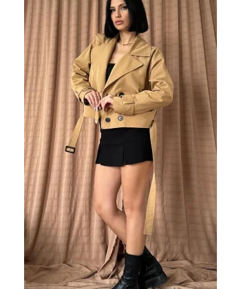 Camel Kemerli Kısa Trech Ceket