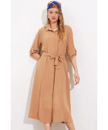 Camel Kuşaklı Gömlek Elbise 24