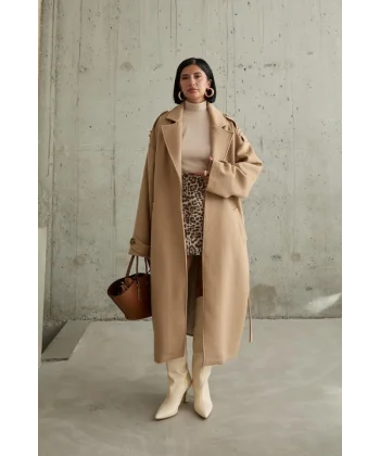 Camel Uzun Kaşe Kemerli Kaban