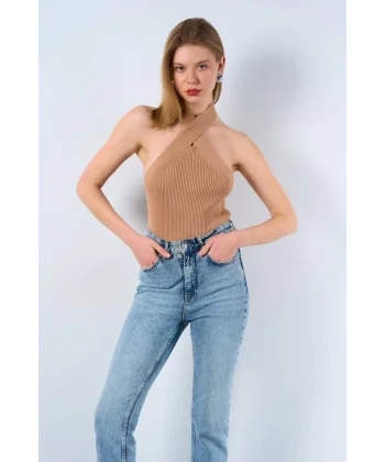 Çapraz Askılı Fitilli Atlet - Camel