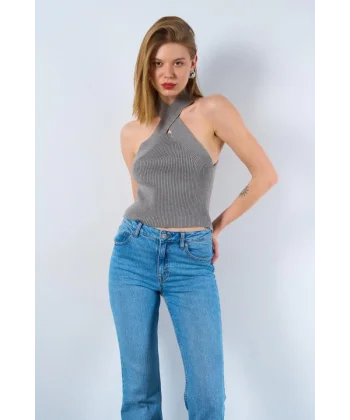 Çapraz Askılı Fitilli Atlet - Gri