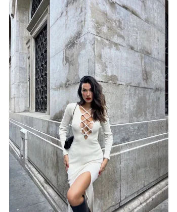 Çapraz Dekolte Fitilli Triko Elbise - Beyaz