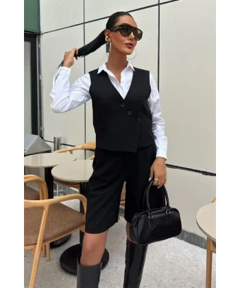 Çapraz Düğmeli Ve Bermuda Şortlu Yelekli Takım 10171