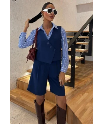 Çapraz Düğmeli Ve Bermuda Şortlu Yelekli Takım 10171