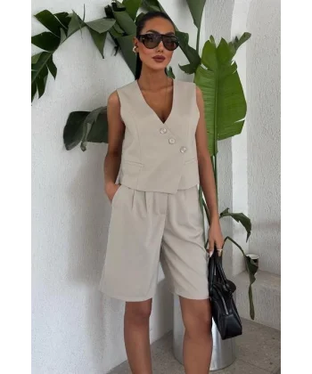 Çapraz Düğmeli Ve Bermuda Şortlu Yelekli Takım 10171