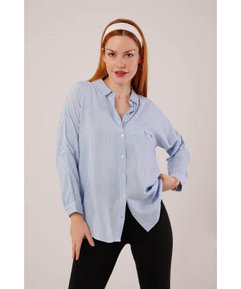 Cep Detay Çizgili Oversize avi Gömlek