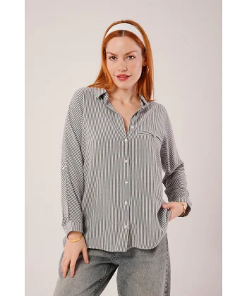 Cep Detay Çizgili Oversize Gri Gömlek