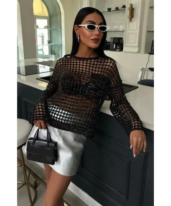 Cep Detay Simli Ajurlu Triko Bluz 1361