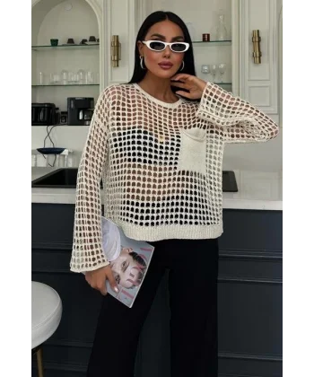 Cep Detay Simli Ajurlu Triko Bluz 1361