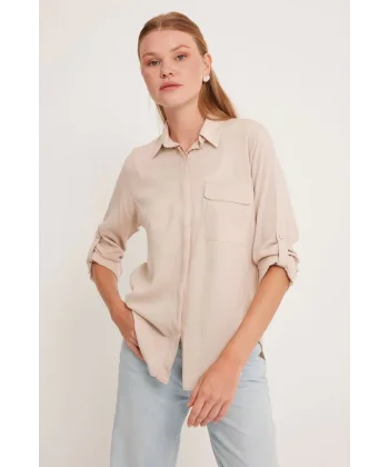 Cep Detaylı Gömlek 20234  Krem