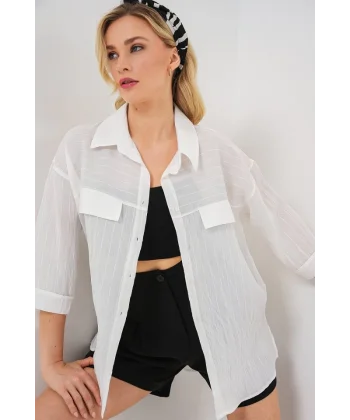 Cep Detaylı Kısa Kol Gömlek 20317 - Beyaz